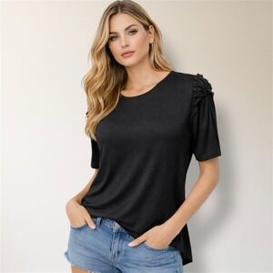 New After Market S Black Ruffle Shoulder Short‎ Sleeve Blouse Cottagecore Boho